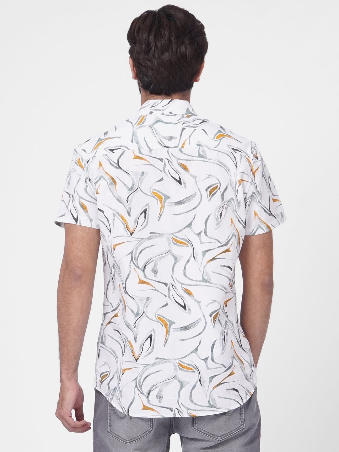 White Abstract Print Short Sleeves Shirt