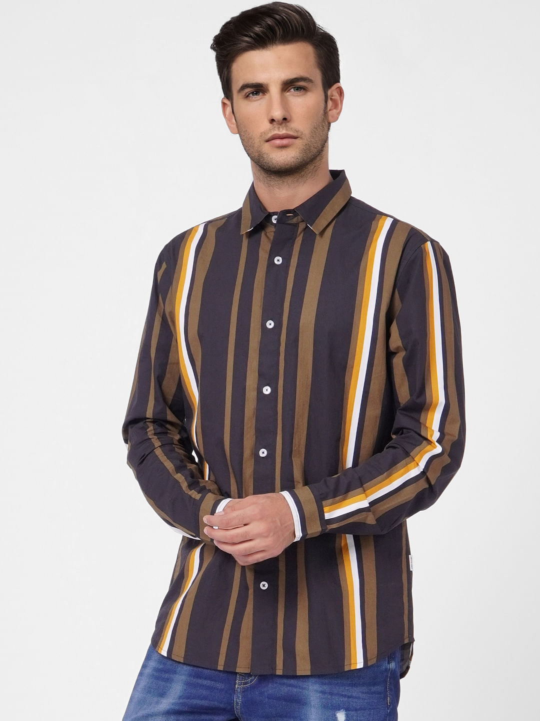 Dark Green Striped Full Sleeves Shirt