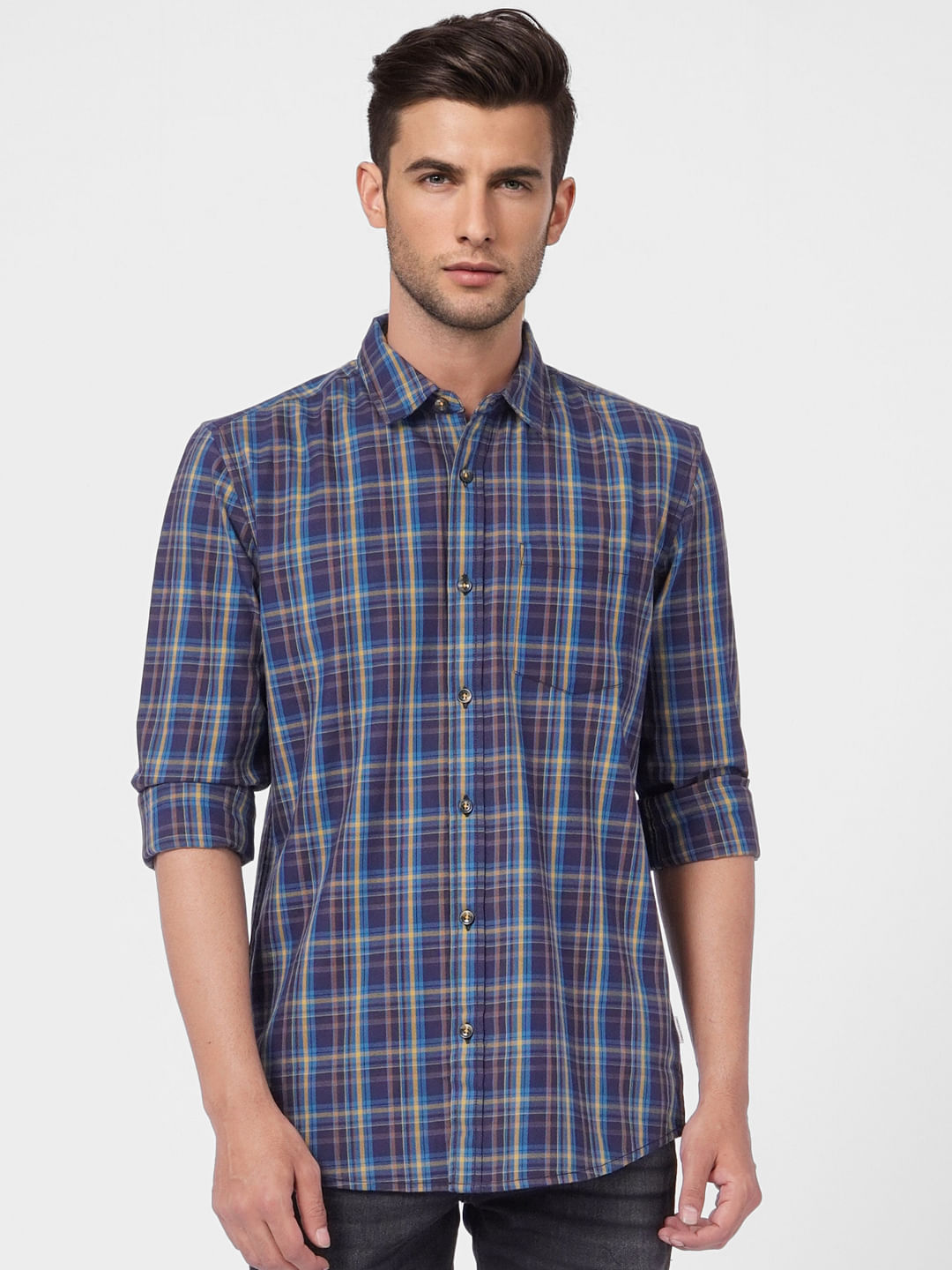 Navy Blue Check Full Sleeves Shirt