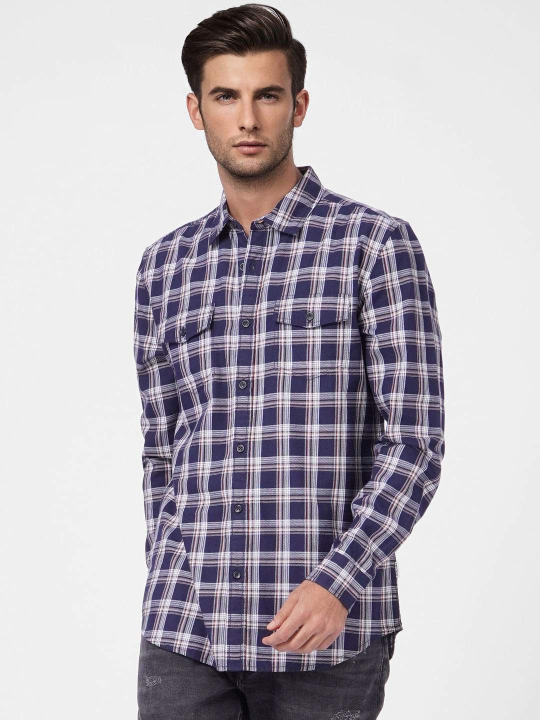 Navy Blue Check Full Sleeves Shirt