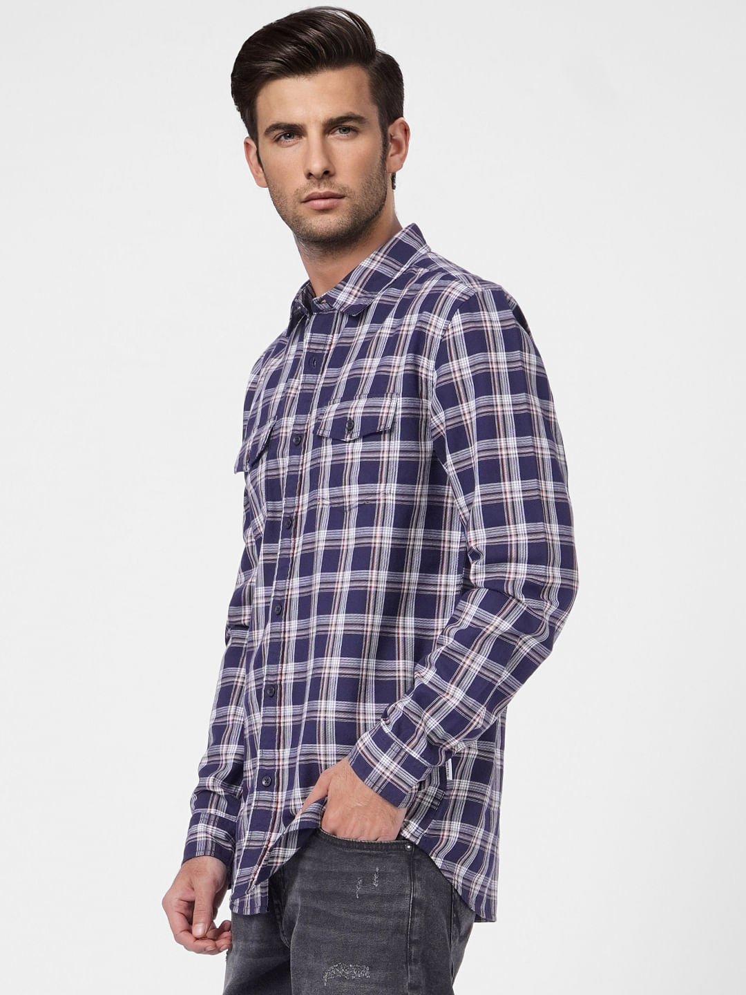 Navy Blue Check Full Sleeves Shirt