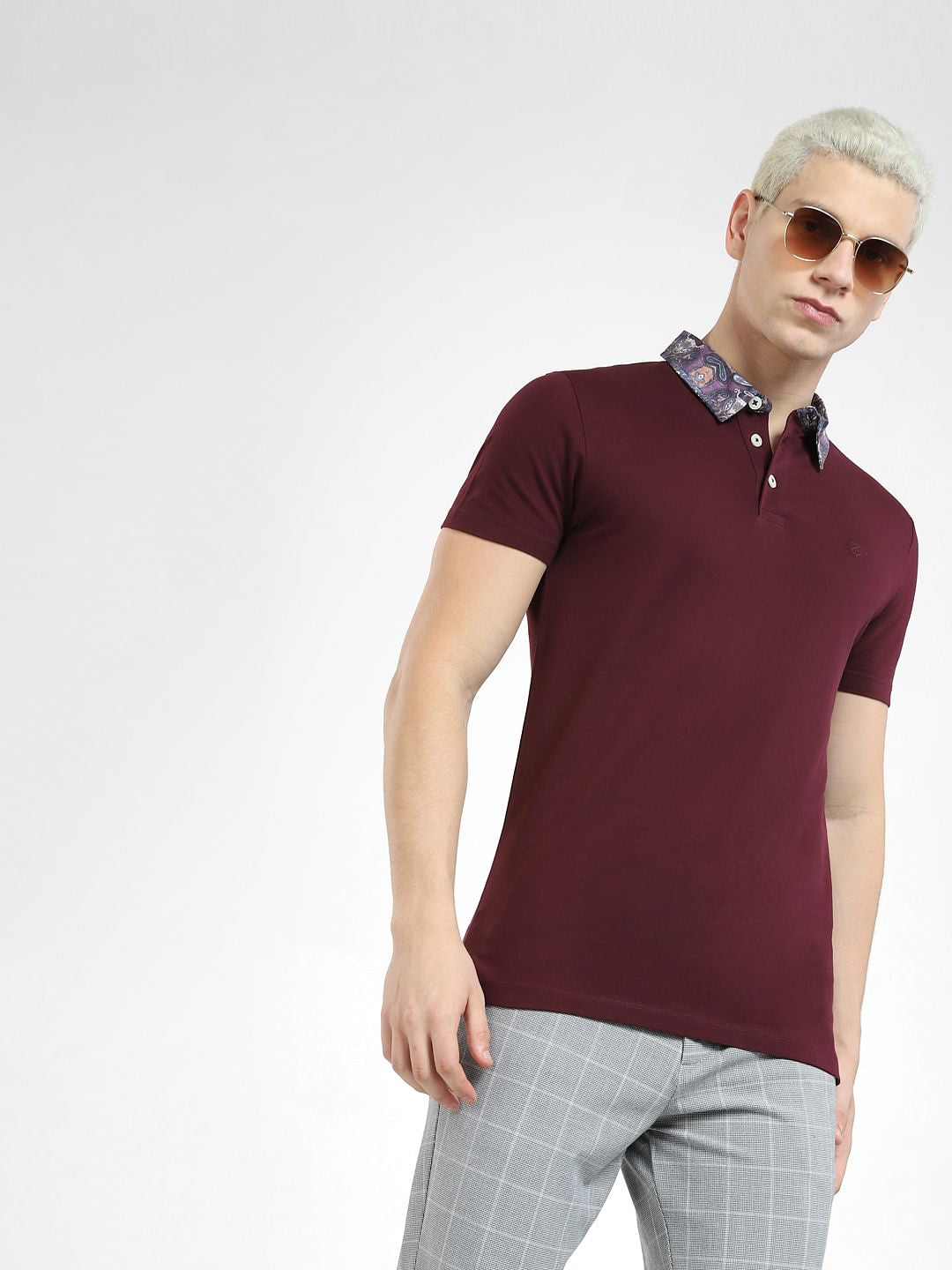 Burgundy Floral Collar Polo T-shirt