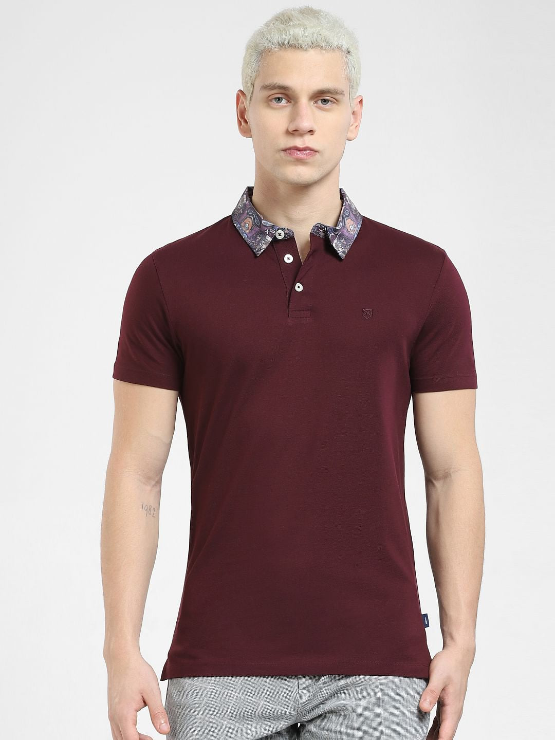 Burgundy Floral Collar Polo T-shirt