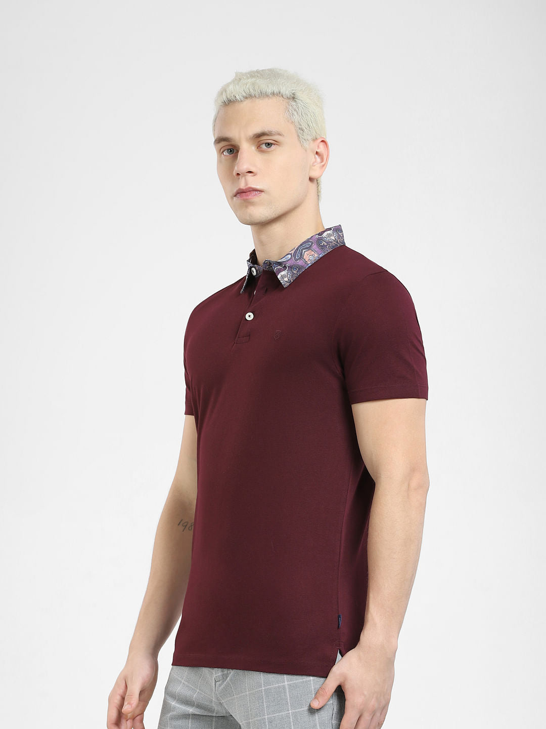 Burgundy Floral Collar Polo T-shirt