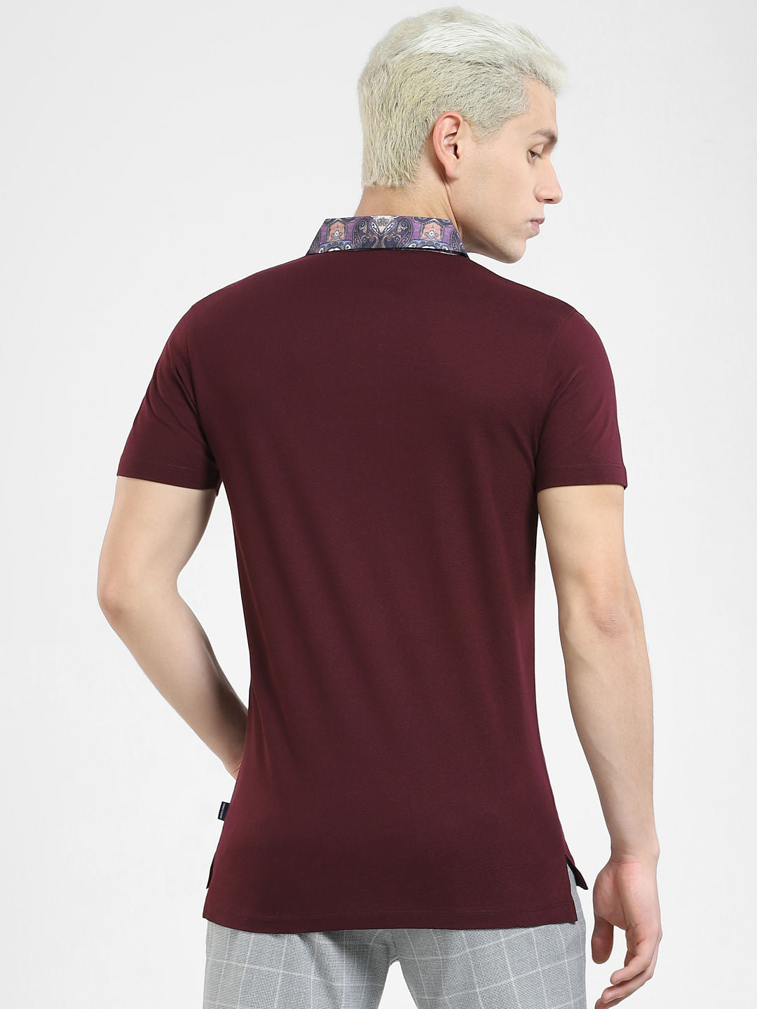 Burgundy Floral Collar Polo T-shirt