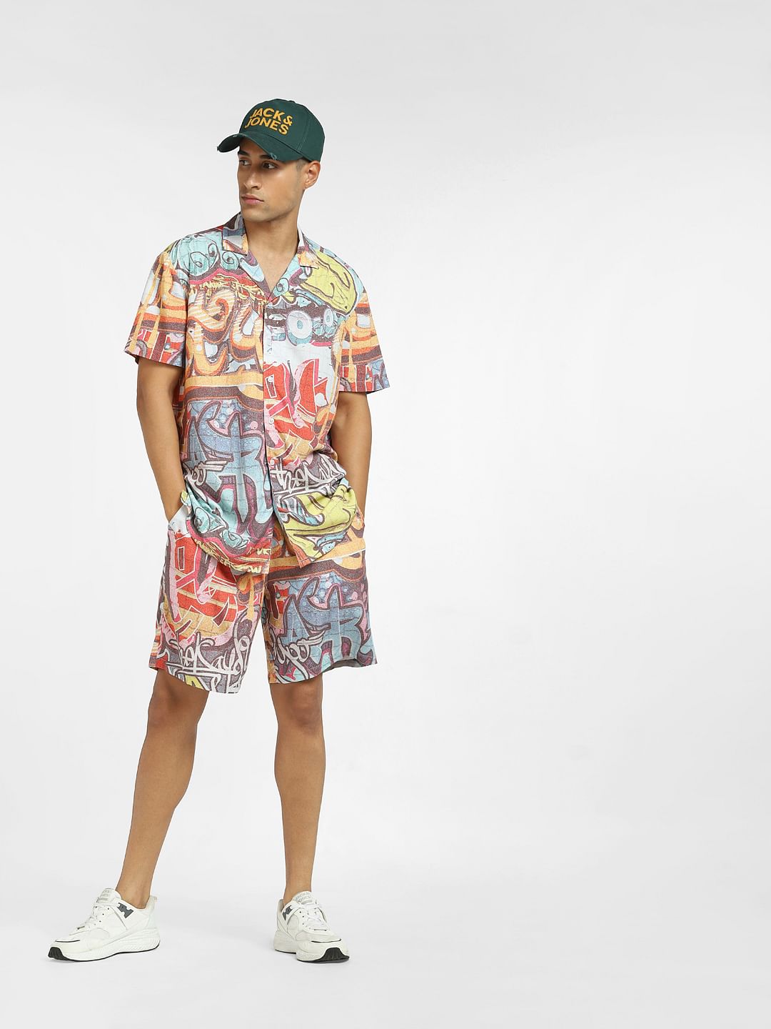 Orange Mid Rise Graffiti Print Shorts