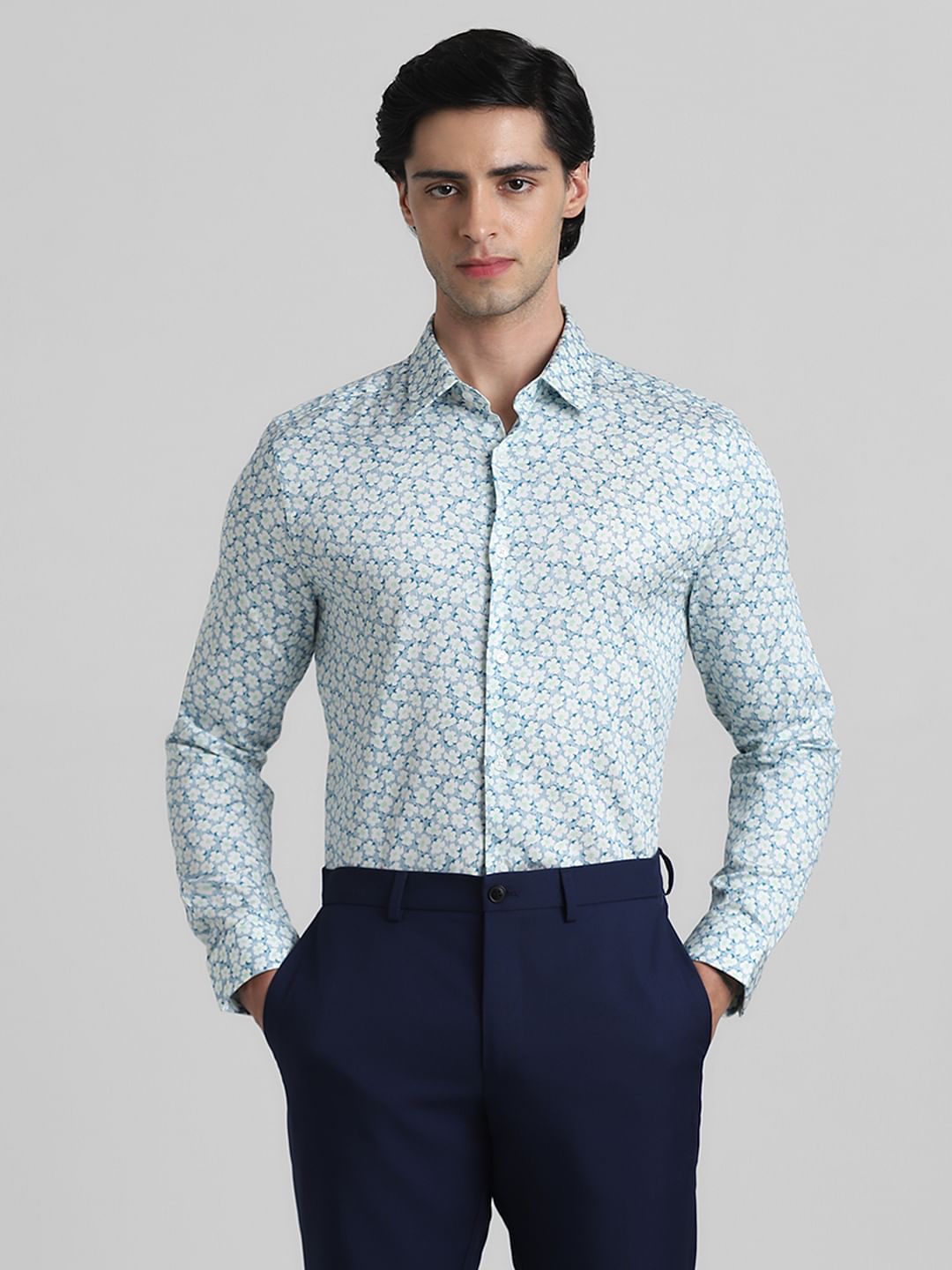 White & Blue Floral Full Sleeves Shirt