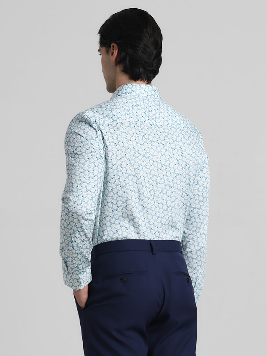 White & Blue Floral Full Sleeves Shirt