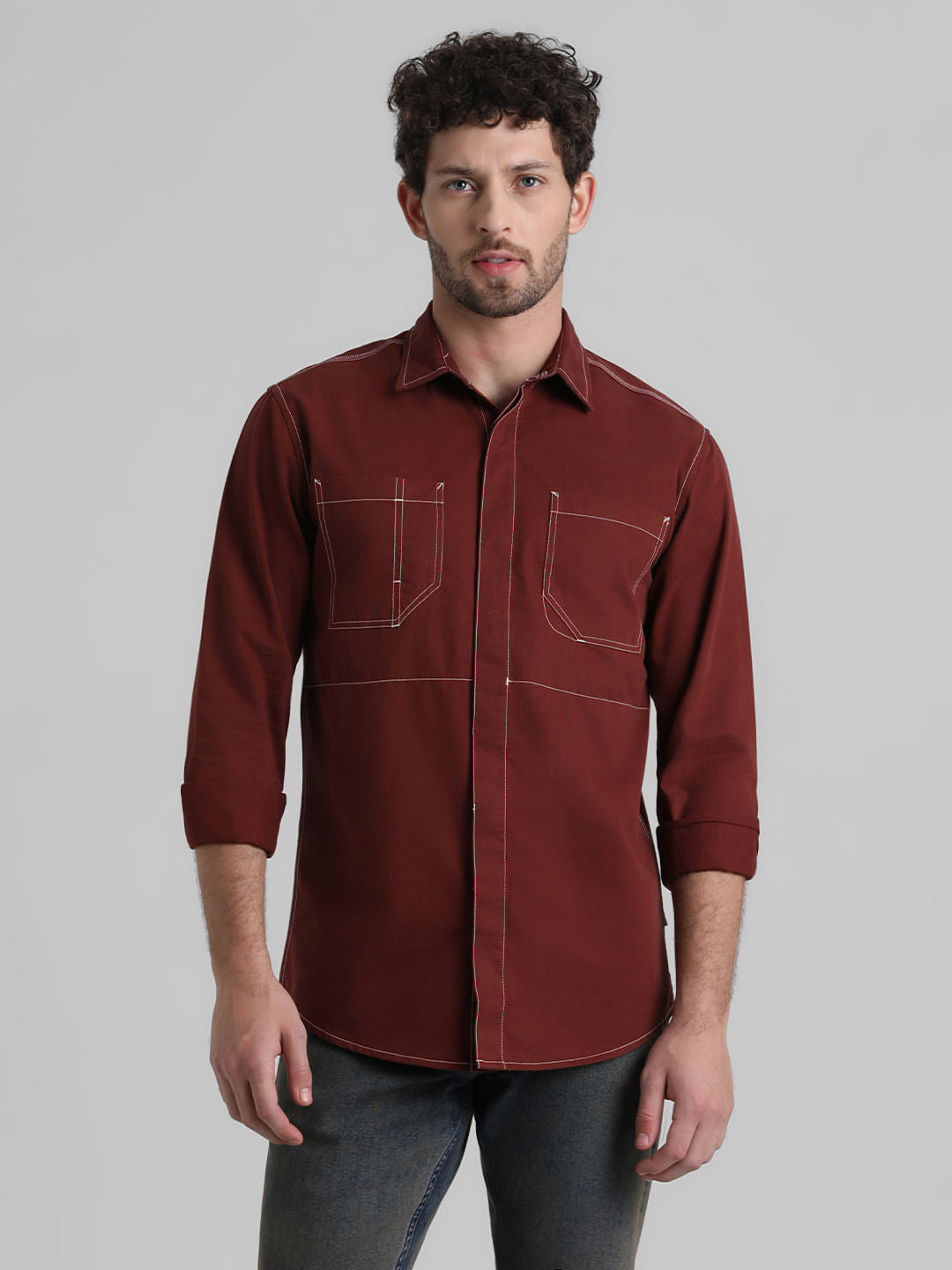Rust Contrast Stitch Full Sleeve Shirt