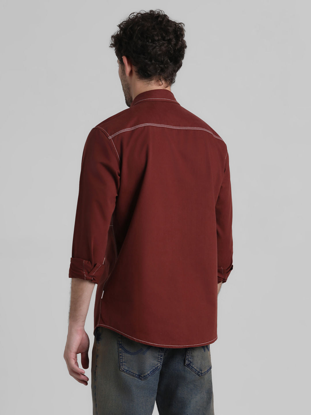 Rust Contrast Stitch Full Sleeve Shirt
