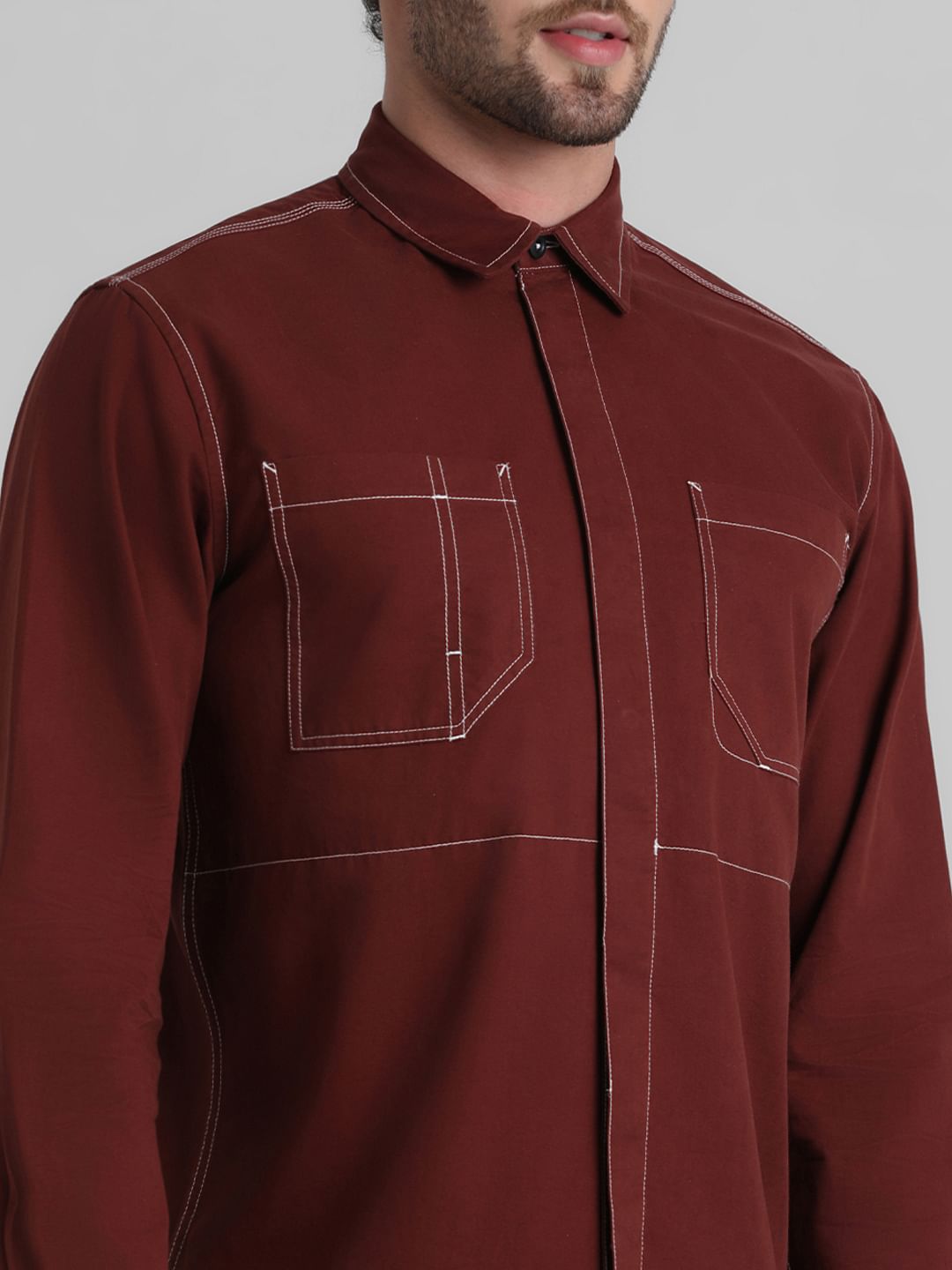 Rust Contrast Stitch Full Sleeve Shirt