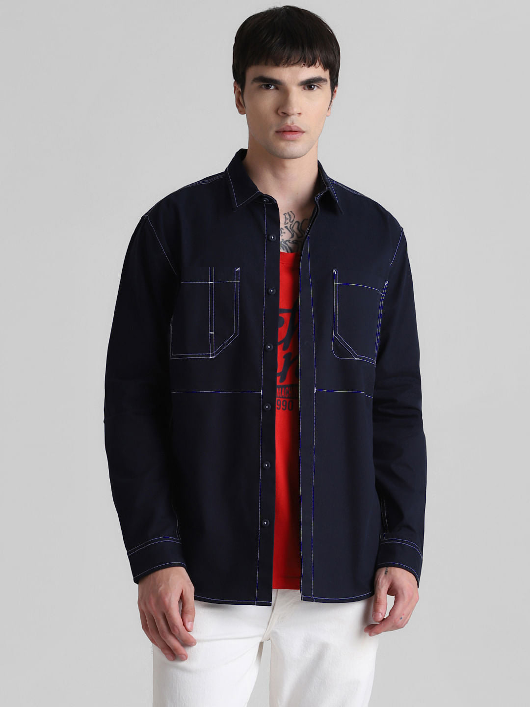 Blue Contrast Stitch Full Sleeves Shirt