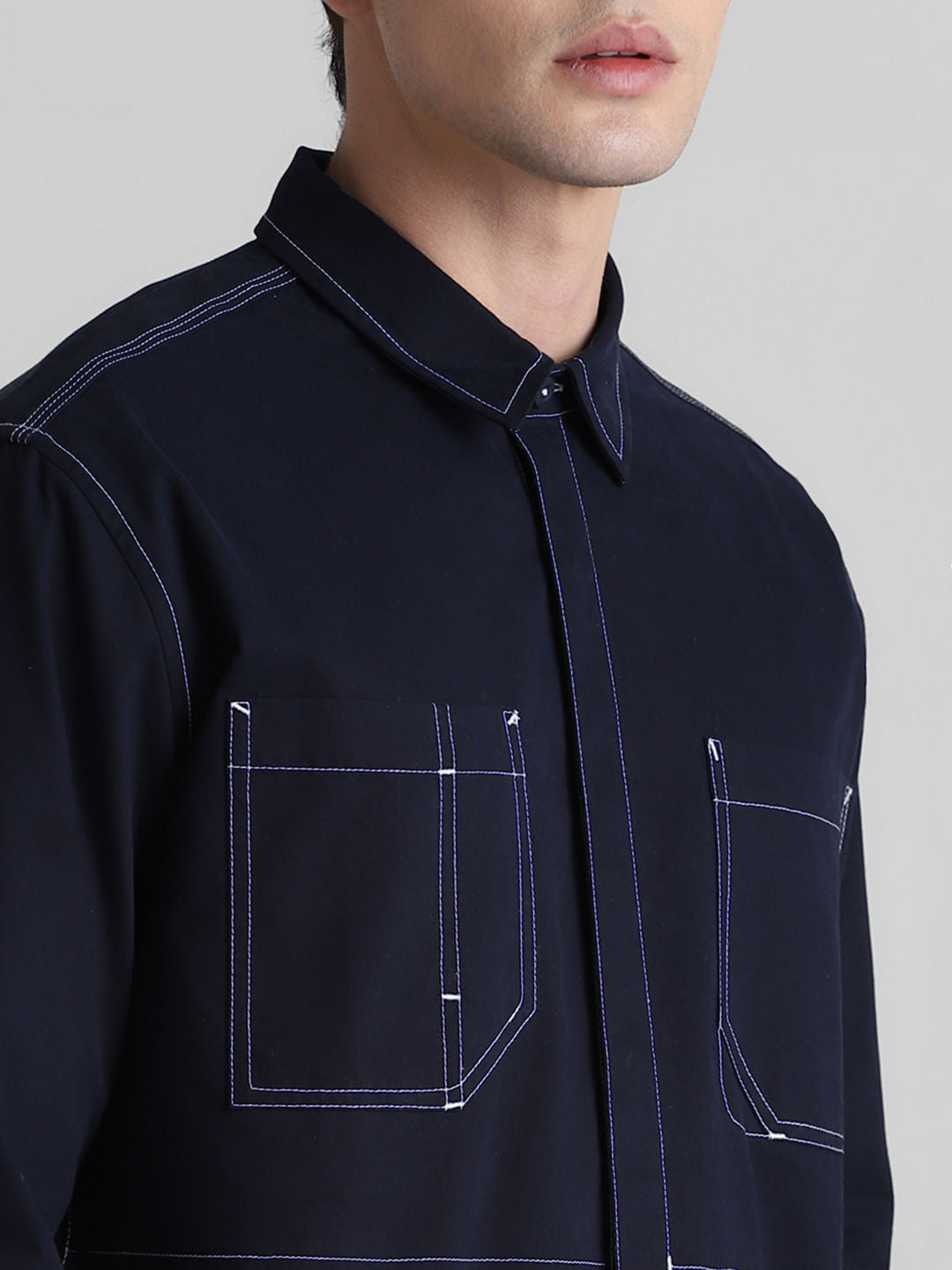 Blue Contrast Stitch Full Sleeves Shirt