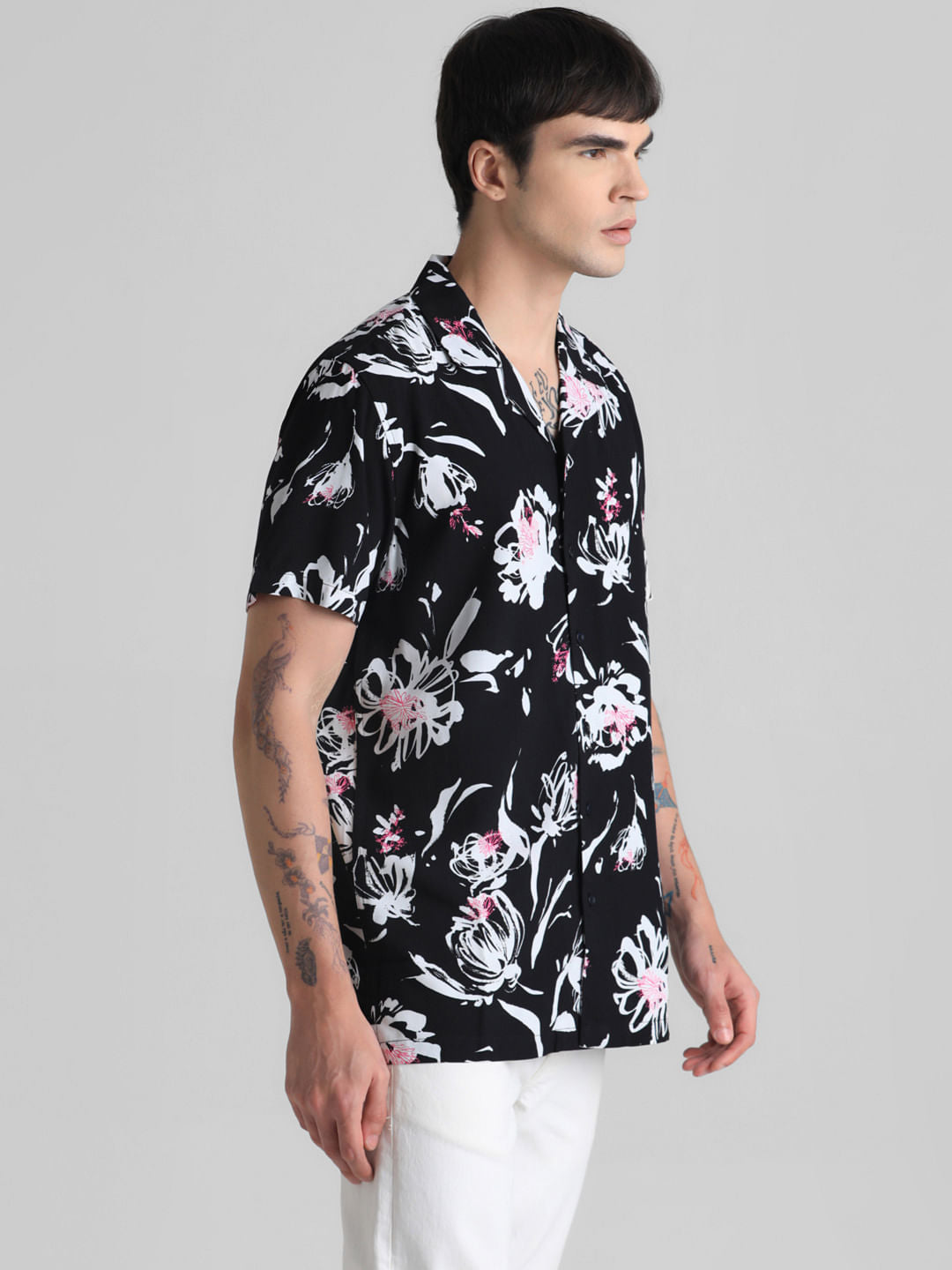 Black Floral Short Sleeves Shirt