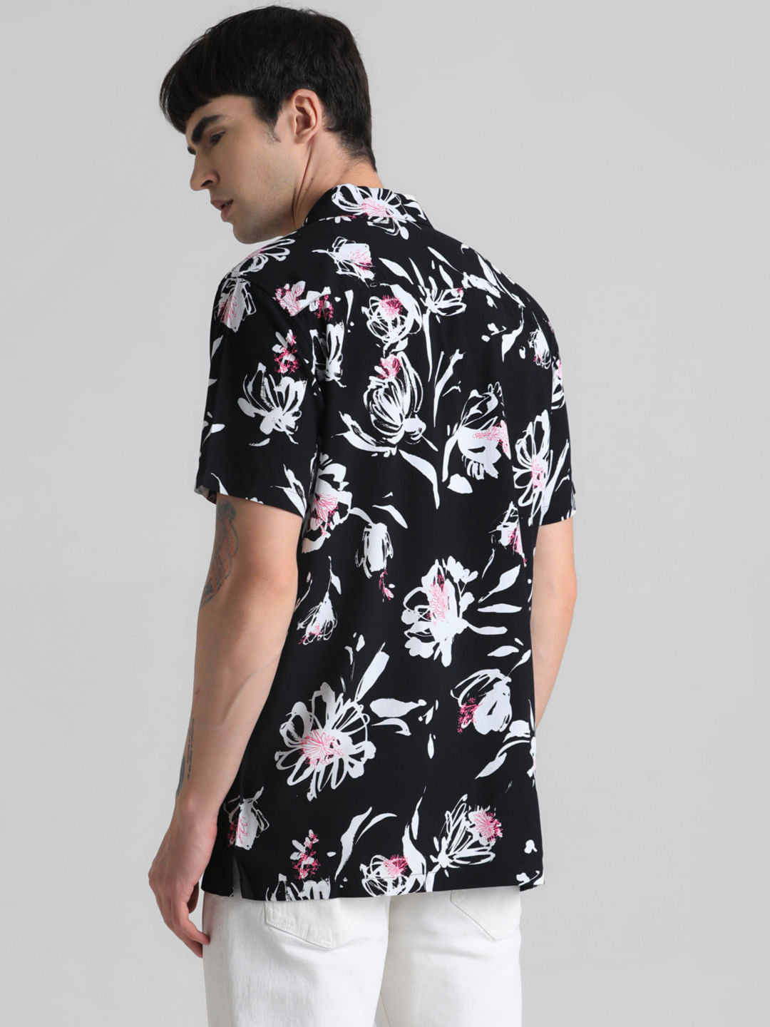 Black Floral Short Sleeves Shirt