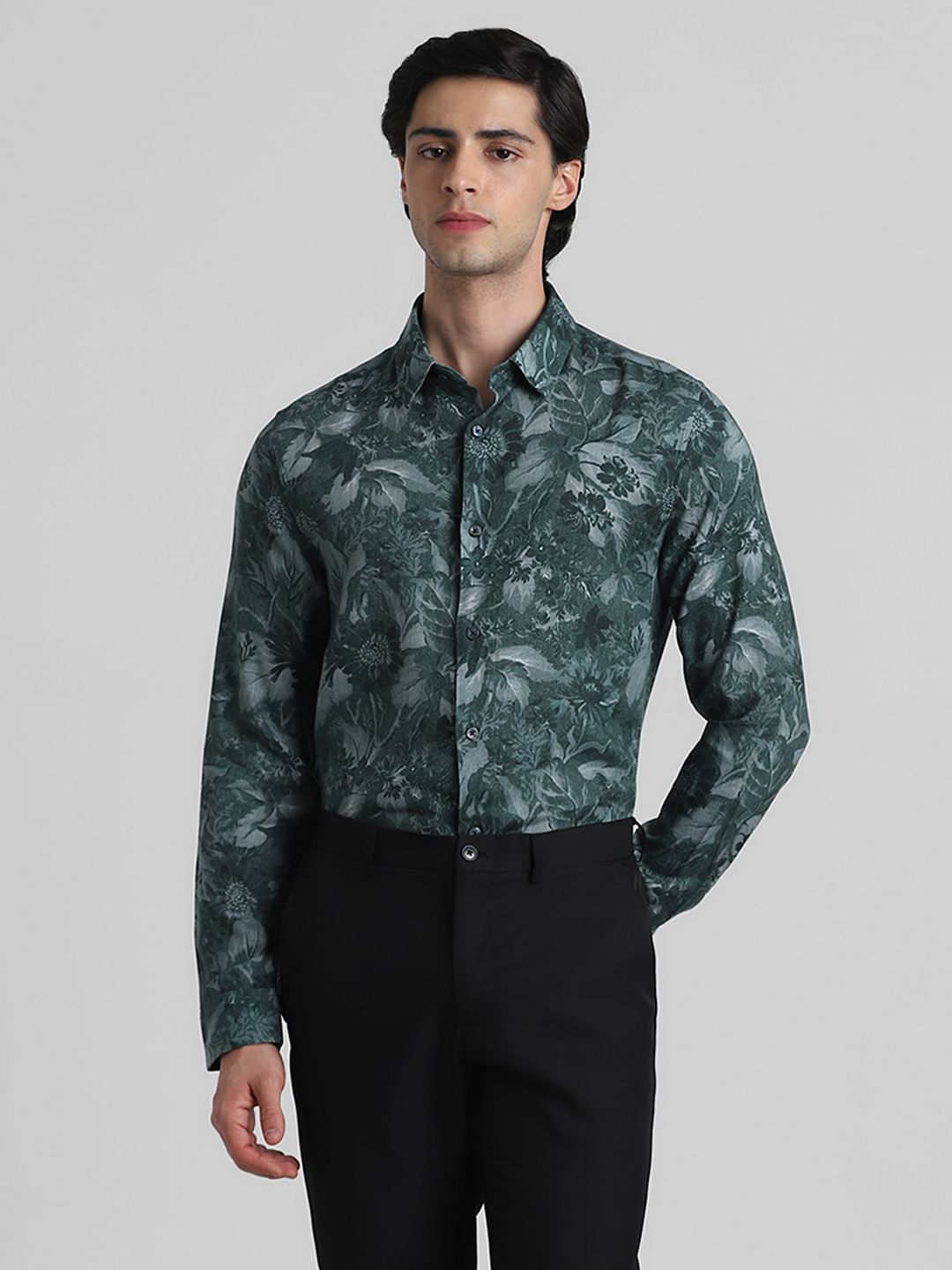 Green Floral Linen Full Sleeves Shirt