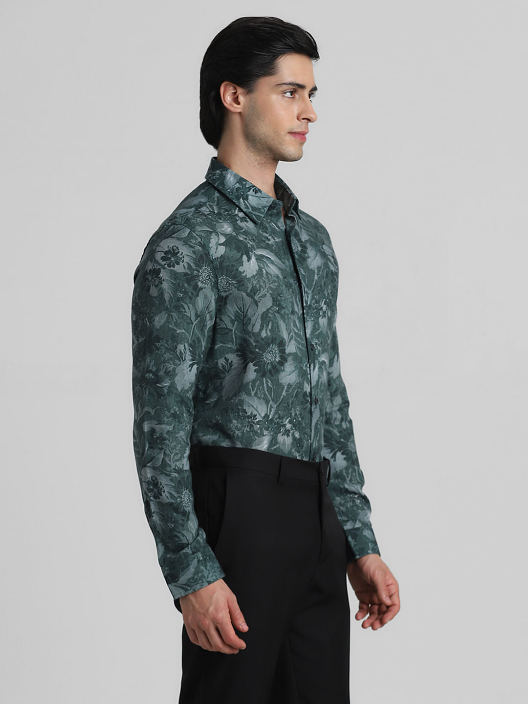 Green Floral Linen Full Sleeves Shirt