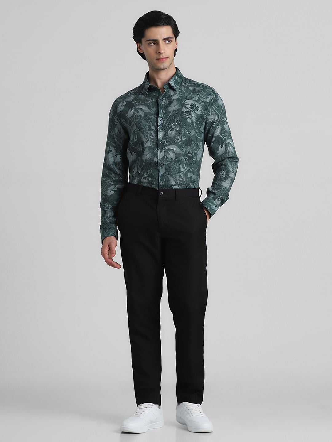 Green Floral Linen Full Sleeves Shirt