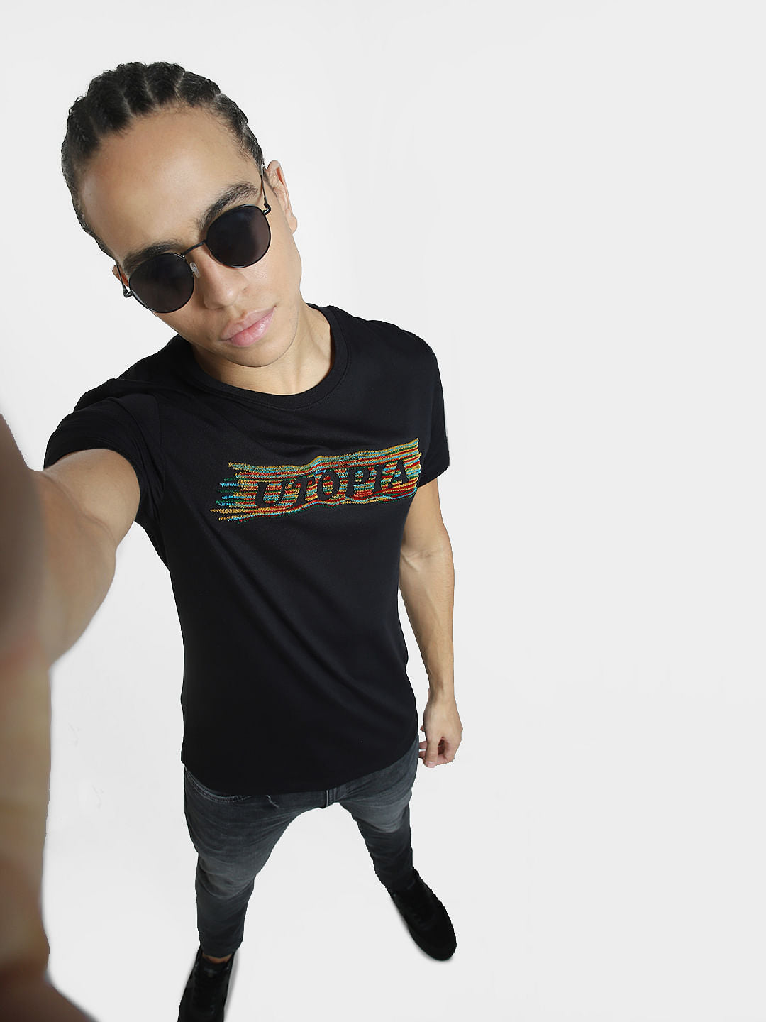 Black Graphic Text Print T-shirt