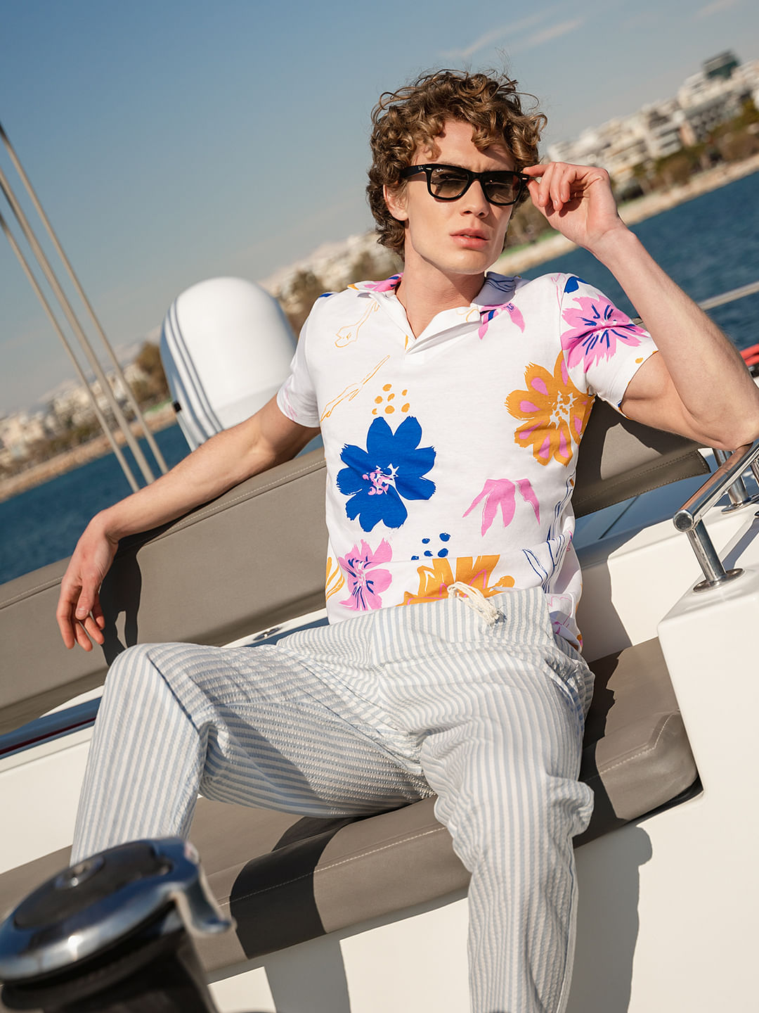 White Floral Print Short Sleeves Shirt