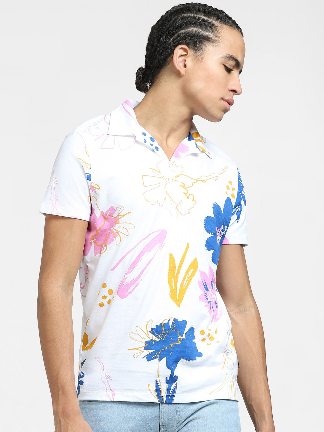 White Floral Print Short Sleeves Shirt