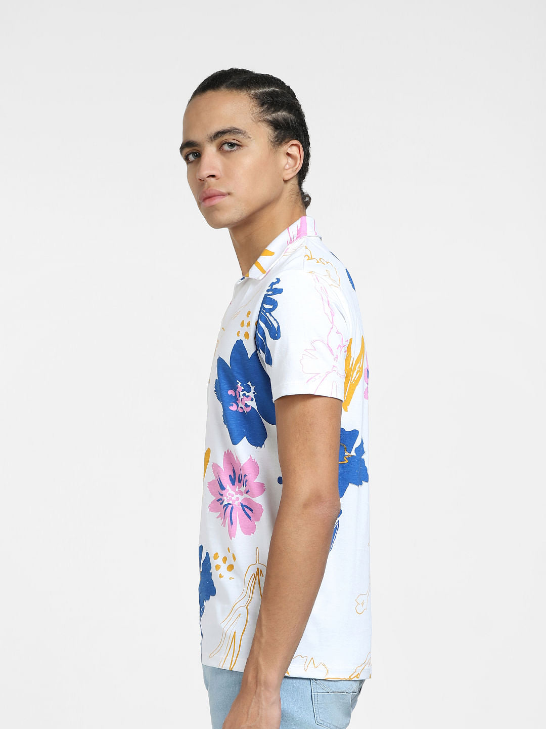 White Floral Print Short Sleeves Shirt