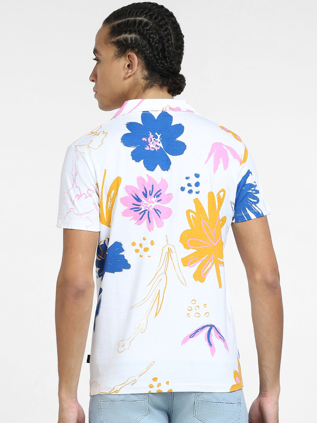 White Floral Print Short Sleeves Shirt