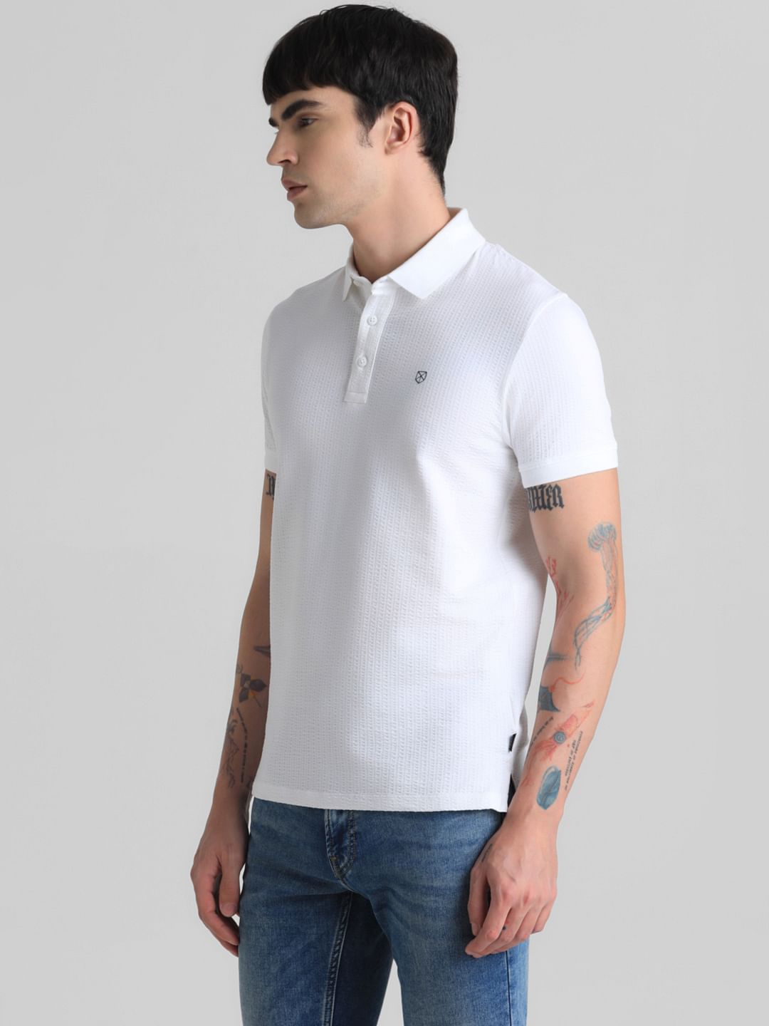 White Ribbed Sleeve Polo T-shirt