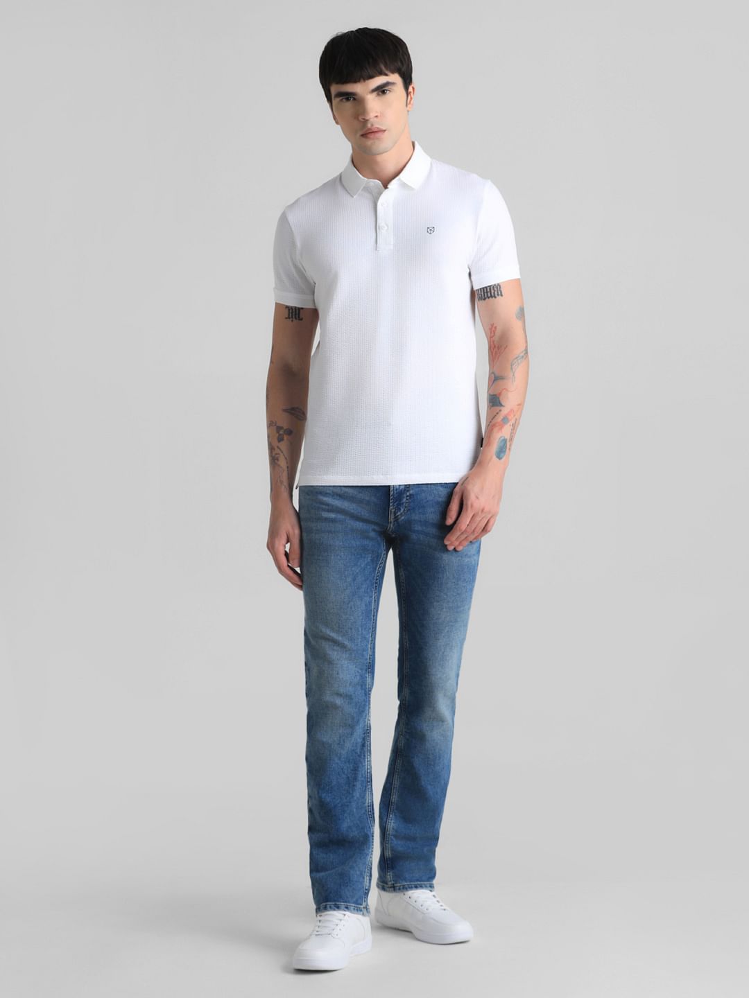White Ribbed Sleeve Polo T-shirt