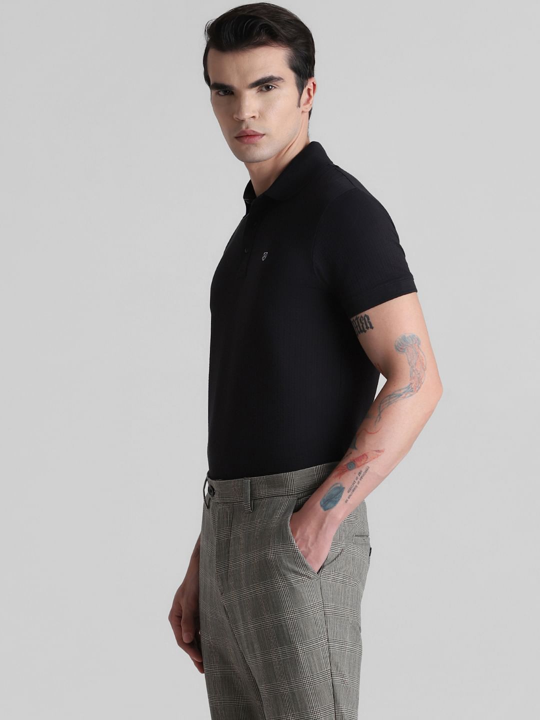 Black Ribbed Sleeve Polo T-shirt