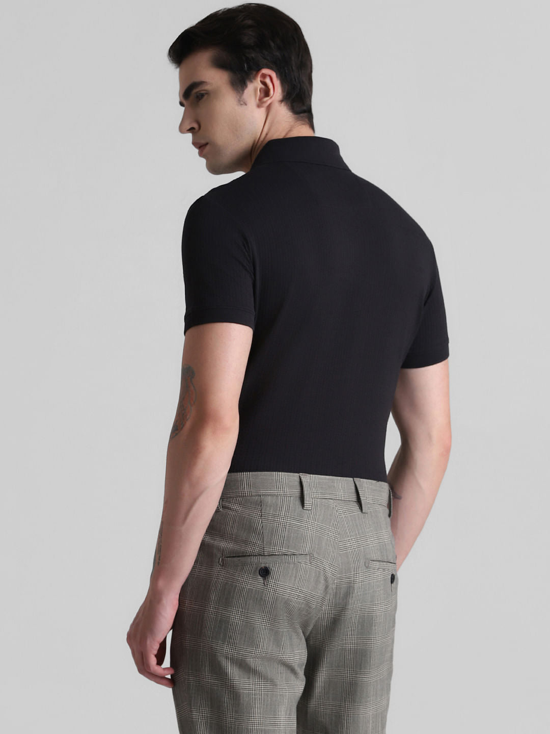 Black Ribbed Sleeve Polo T-shirt