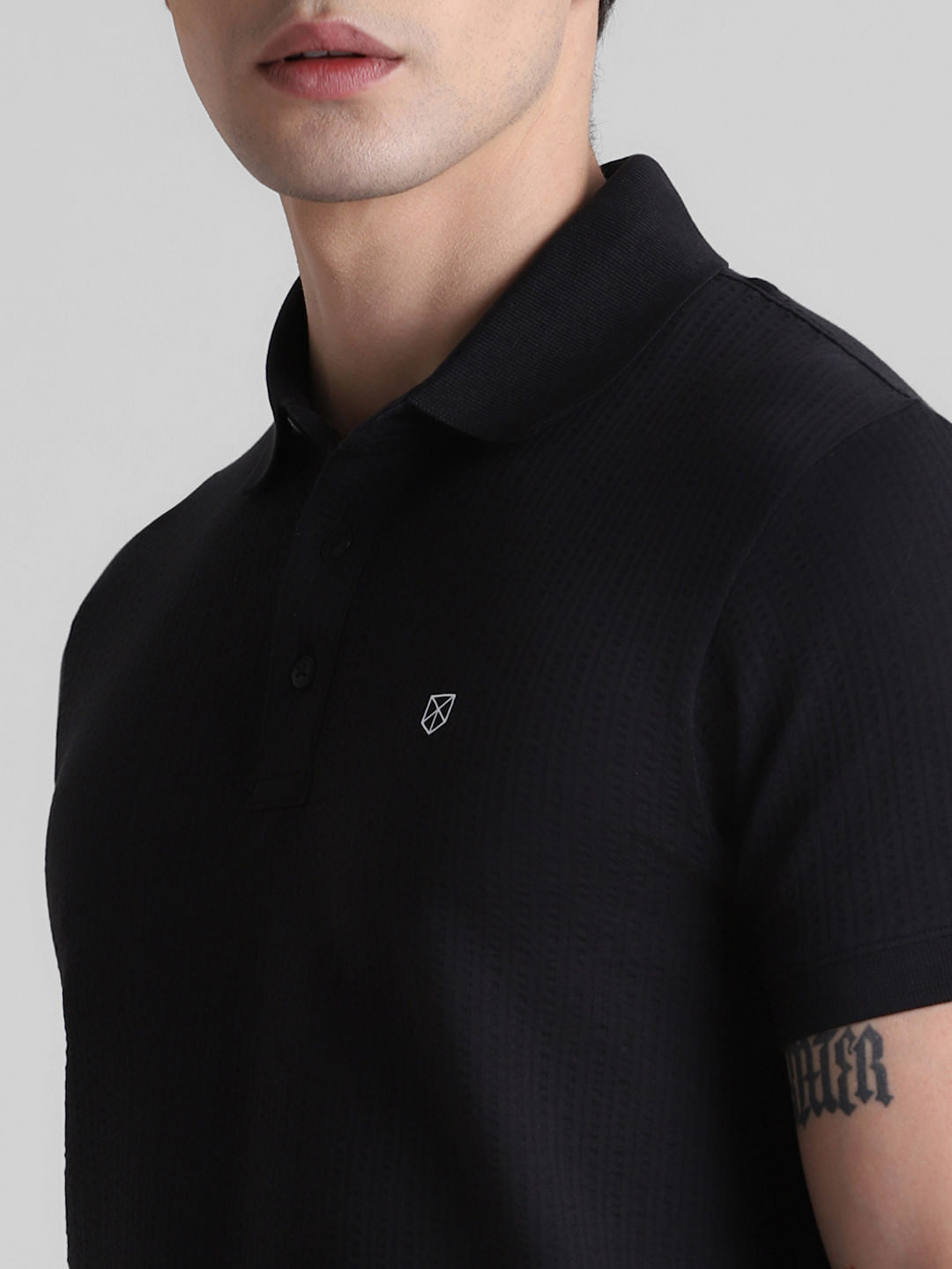 Black Ribbed Sleeve Polo T-shirt