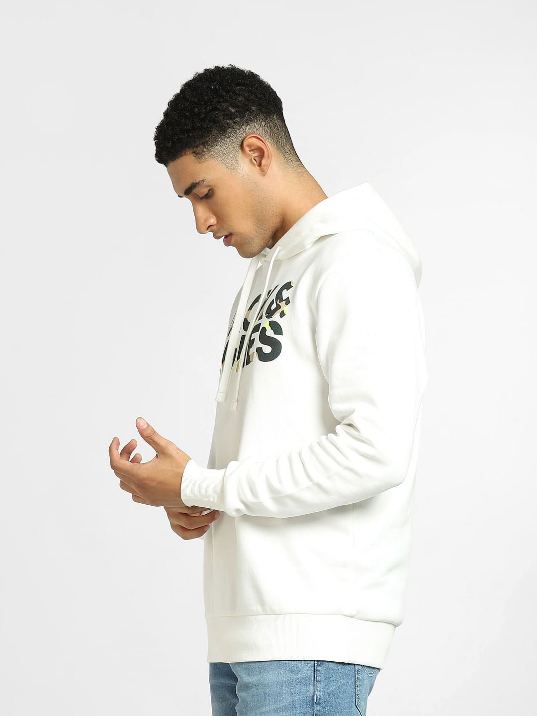 White Logo Print Hooded Sweatshirt