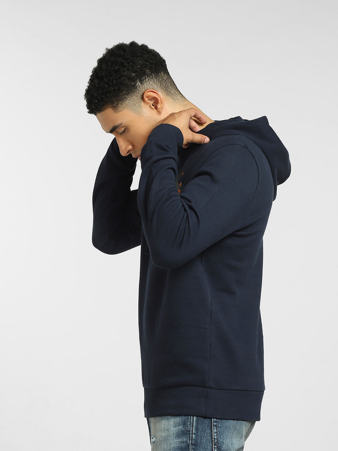 Navy Blue Logo Print Hooded Sweatshirt