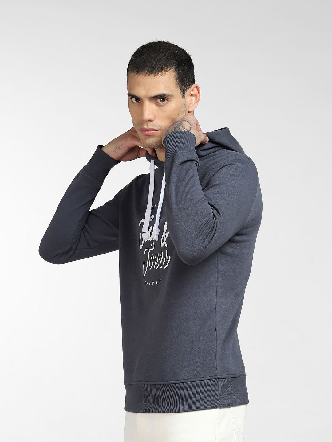Blue Logo Print Hooded Sweatshirt