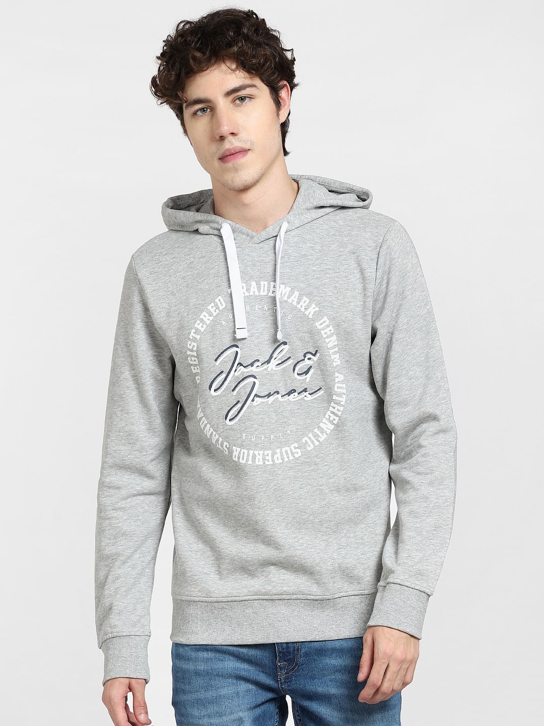 Grey Logo Print Hooded Sweatshirt