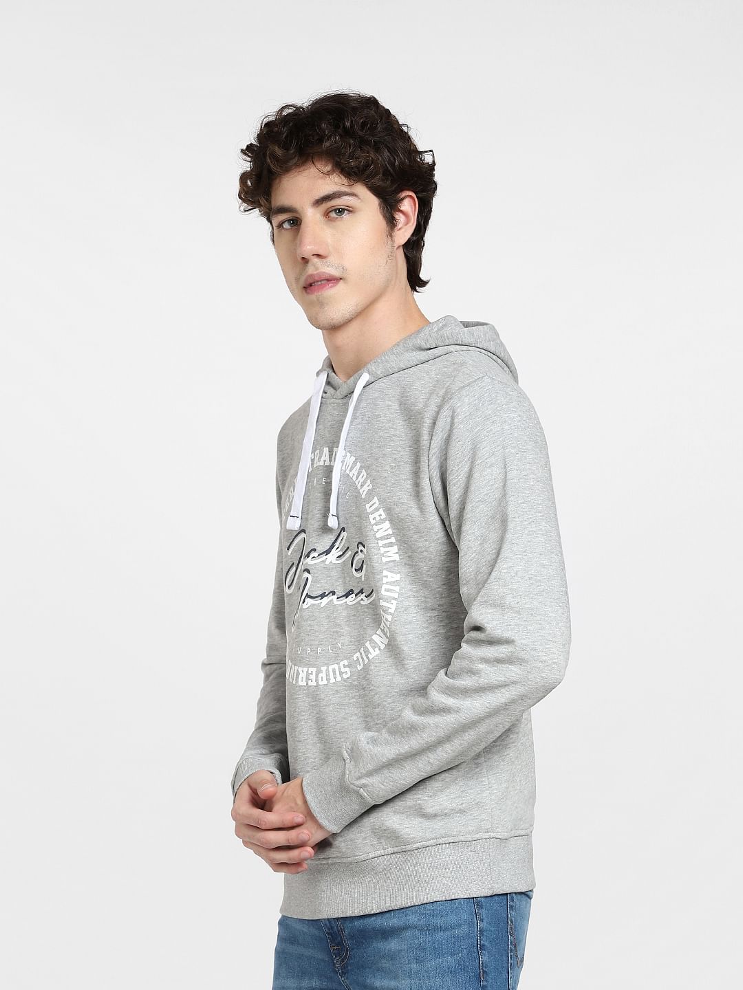 Grey Logo Print Hooded Sweatshirt