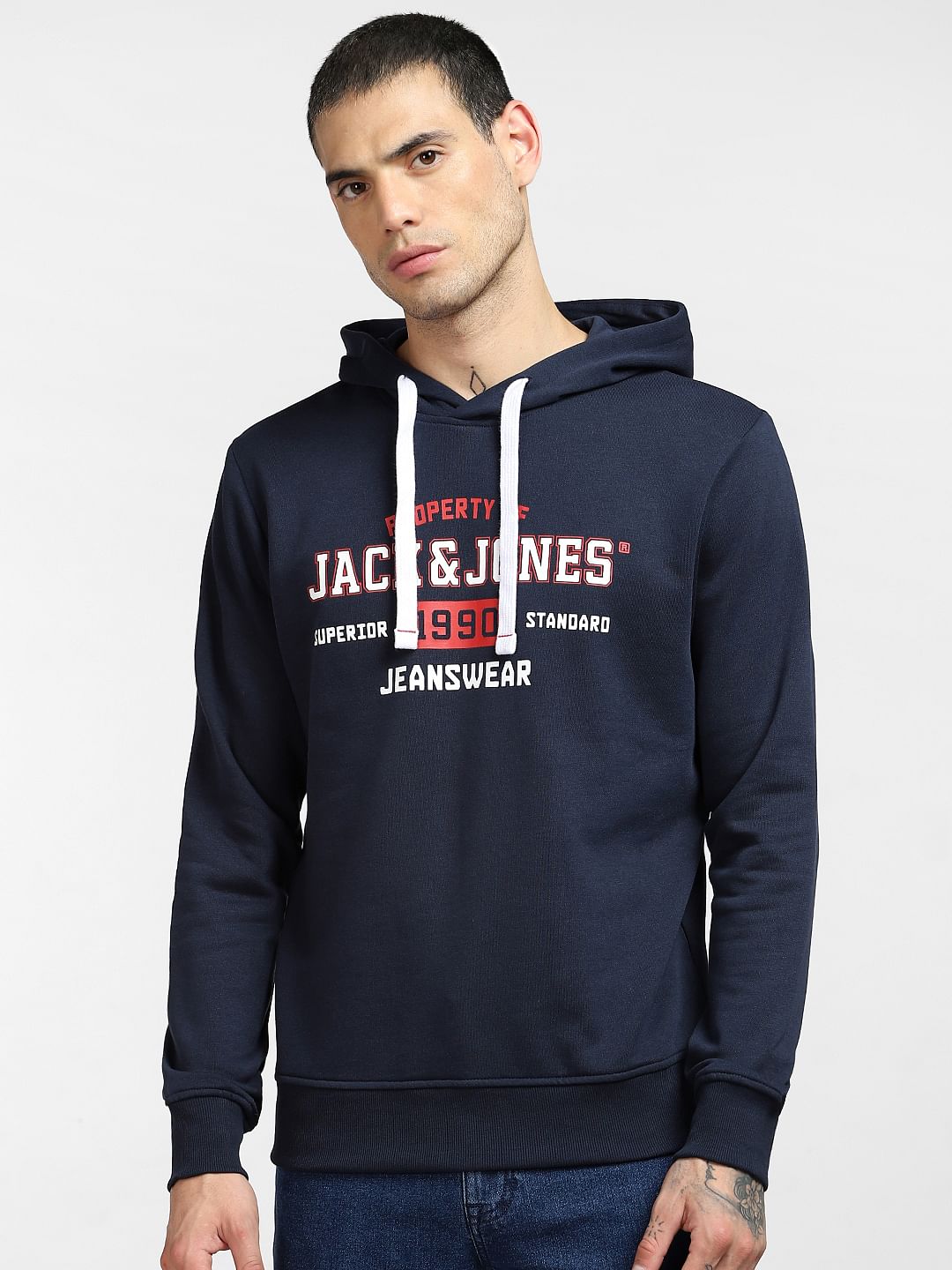 Navy Blue Logo Print Hooded Sweatshirt