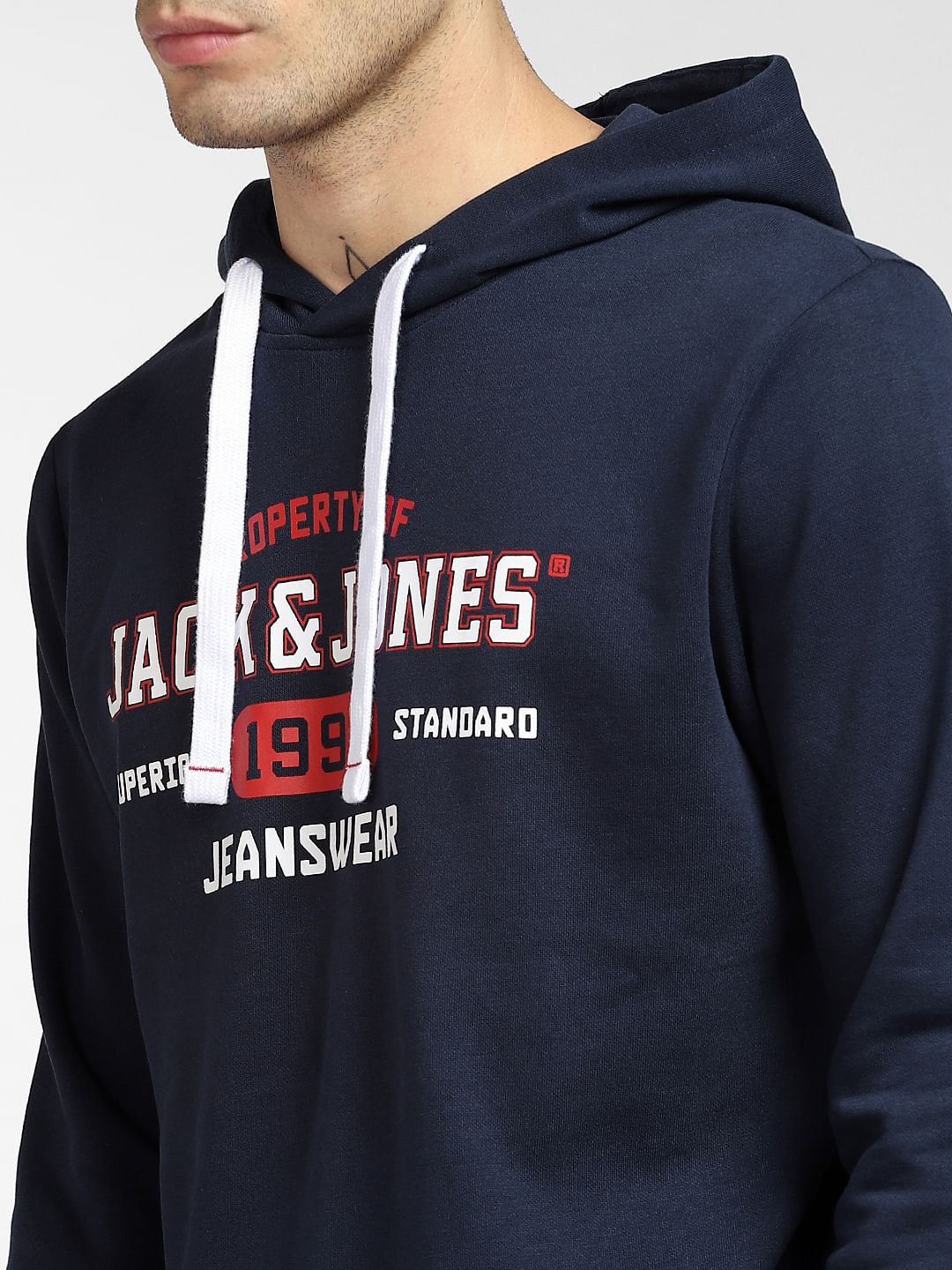 Navy Blue Logo Print Hooded Sweatshirt