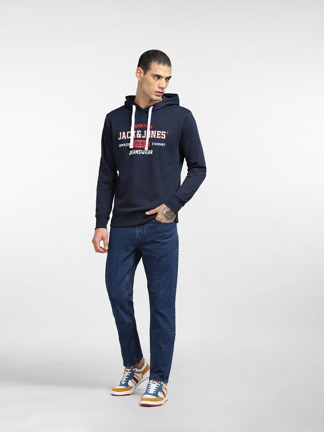 Navy Blue Logo Print Hooded Sweatshirt
