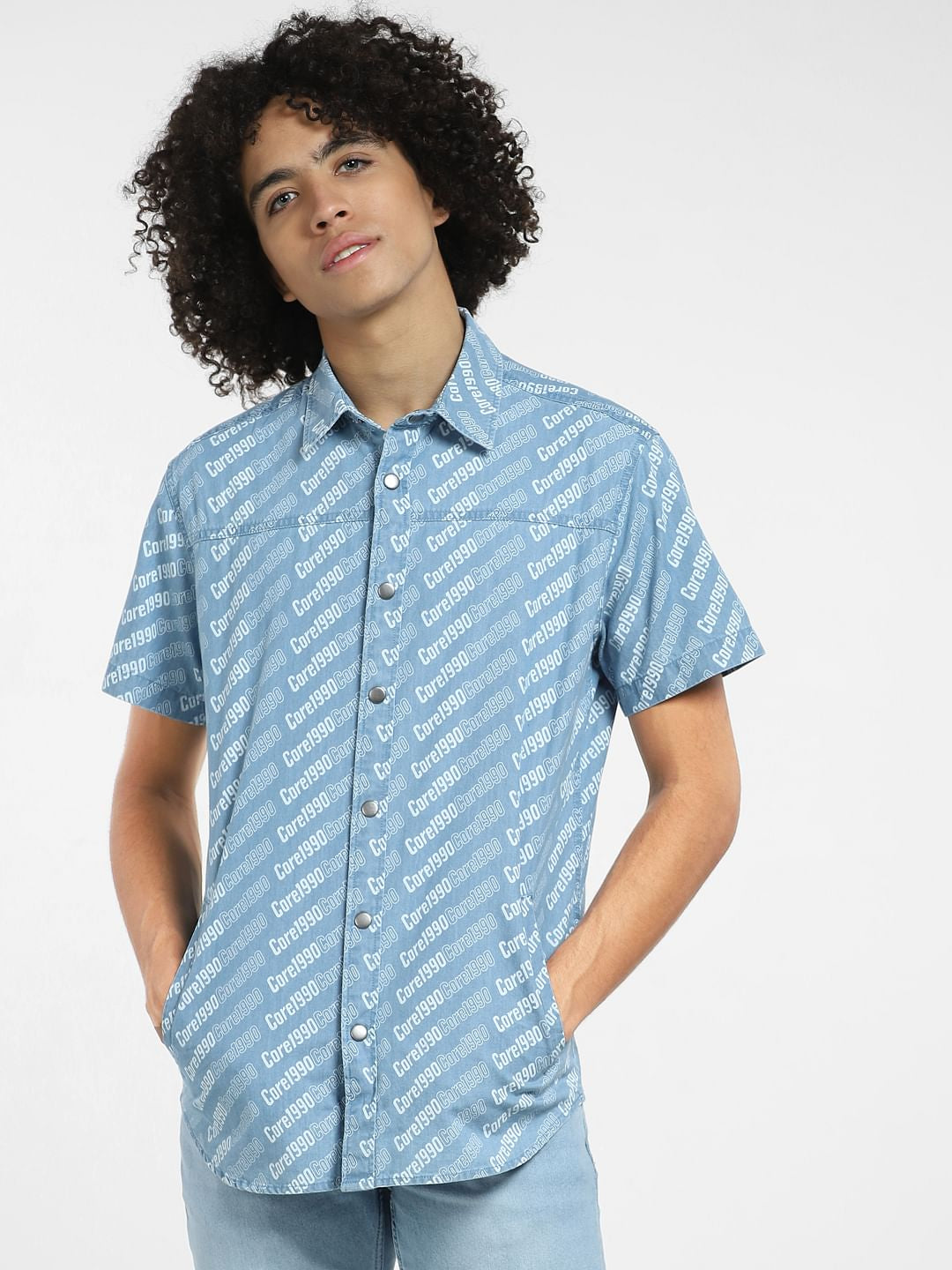 Blue Printed Short Sleeves Denim Shirt