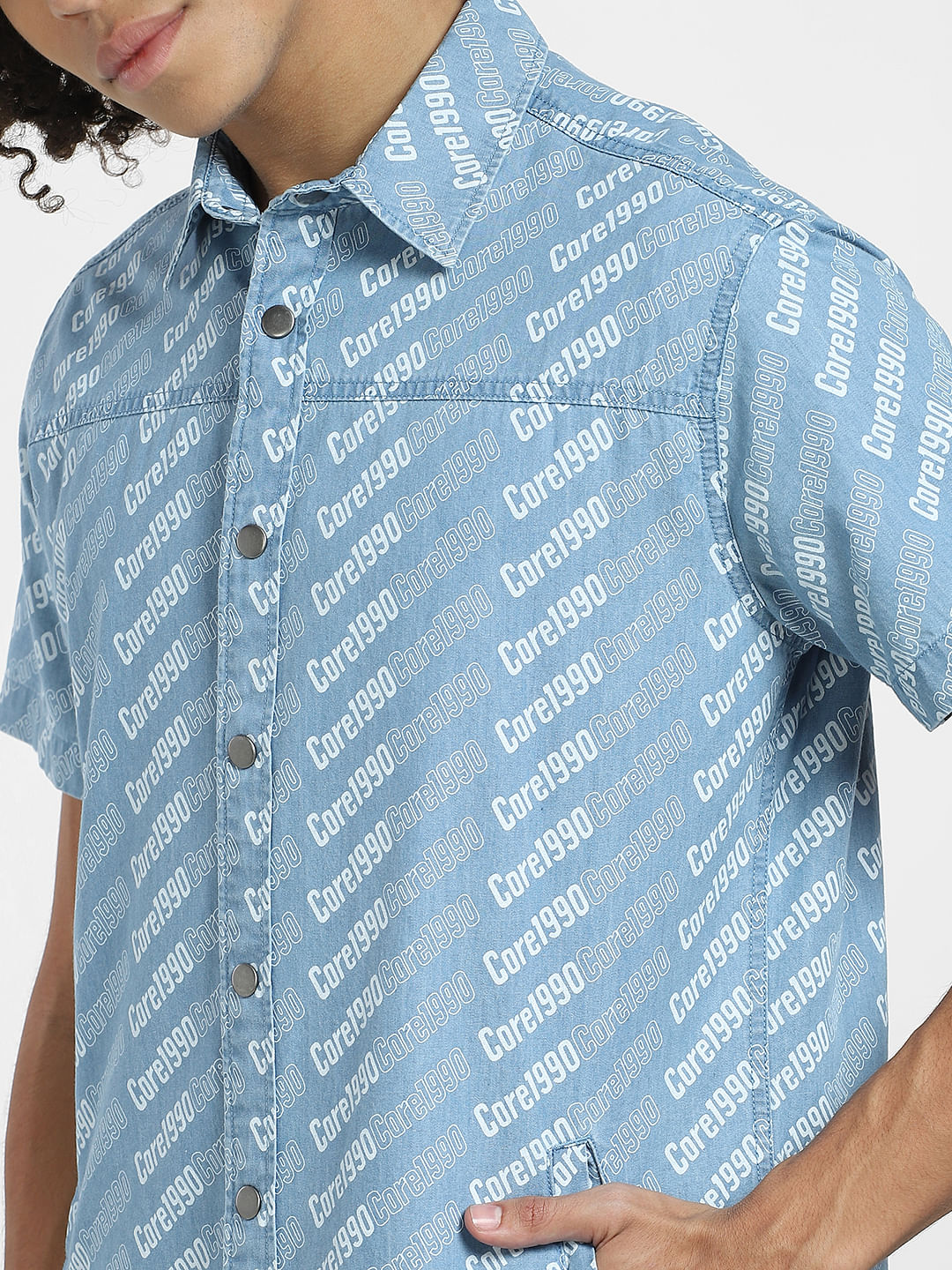 Blue Printed Short Sleeves Denim Shirt