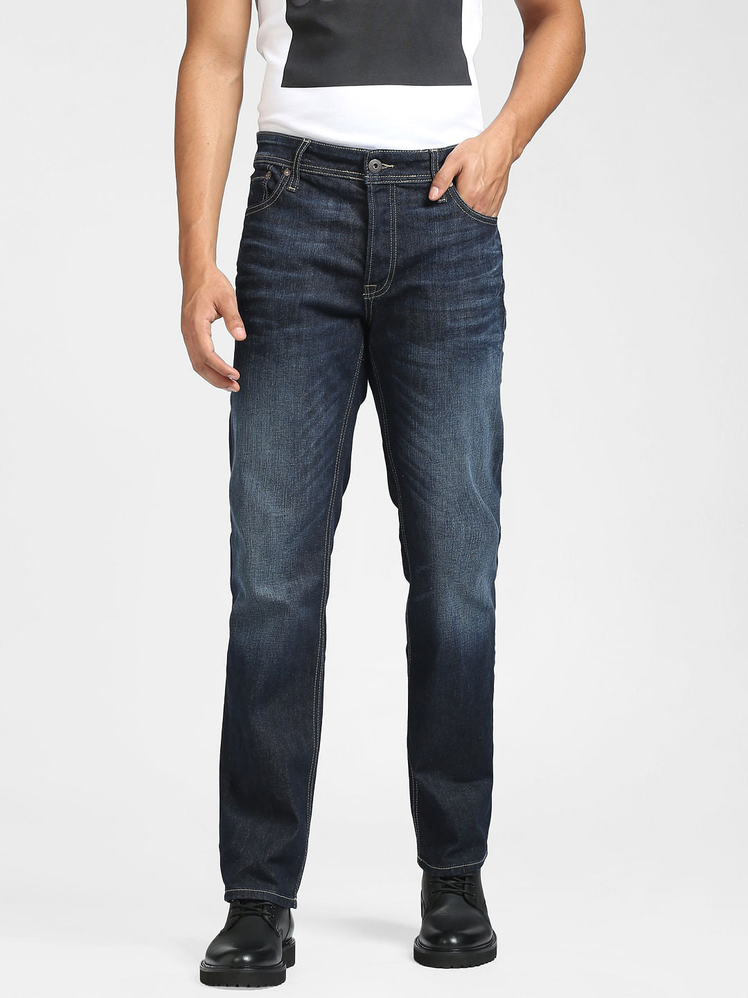 Dark Blue Mid Rise Clark Straight Jeans