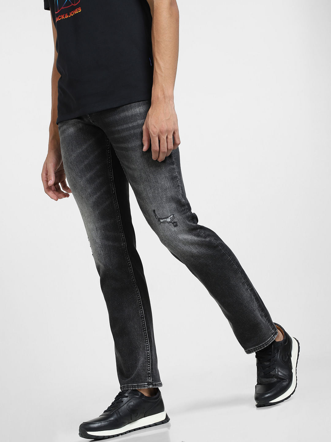 Black Mid Rise Distressed Clark Regular Fit Jeans