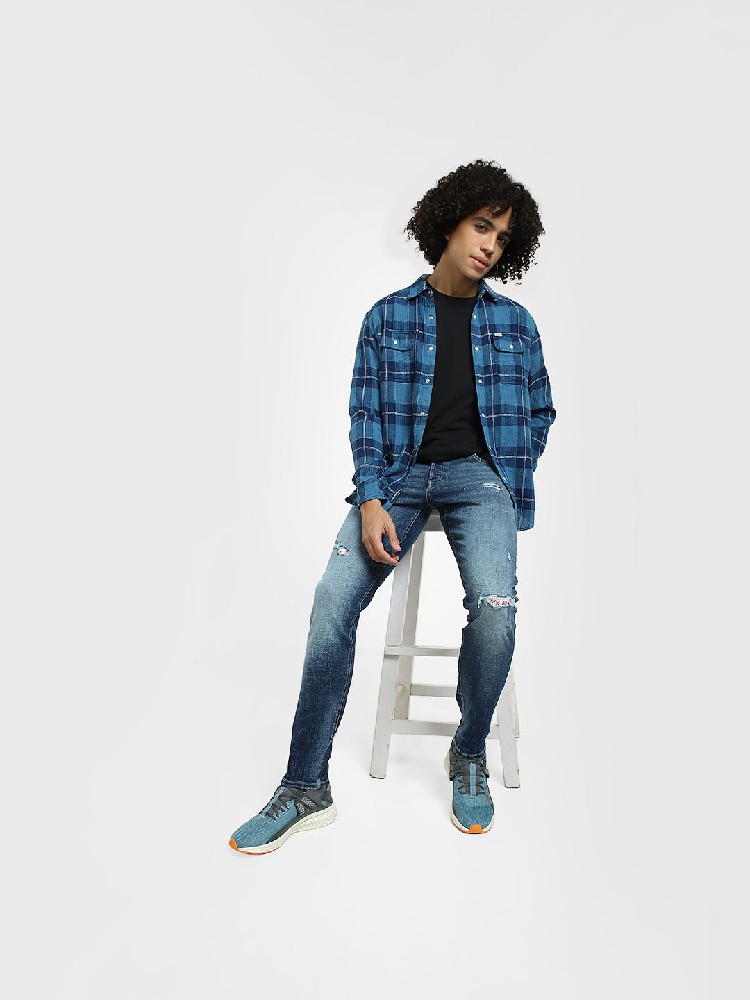 Blue Low Rise Distressed Glenn Slim Fit Jeans