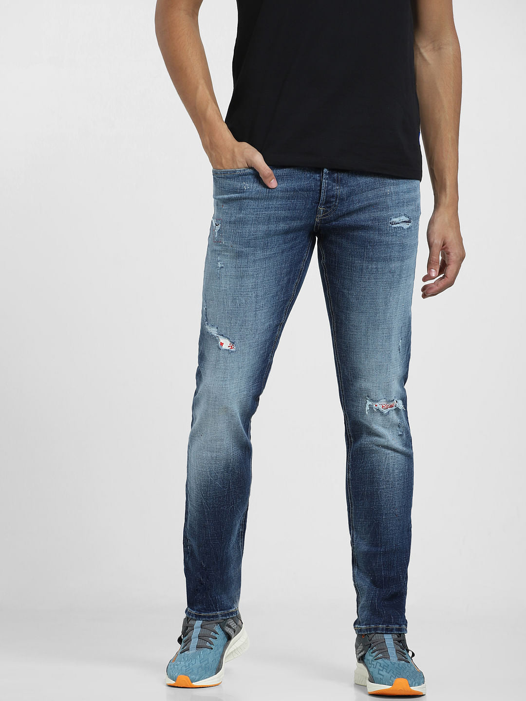 Blue Low Rise Distressed Glenn Slim Fit Jeans