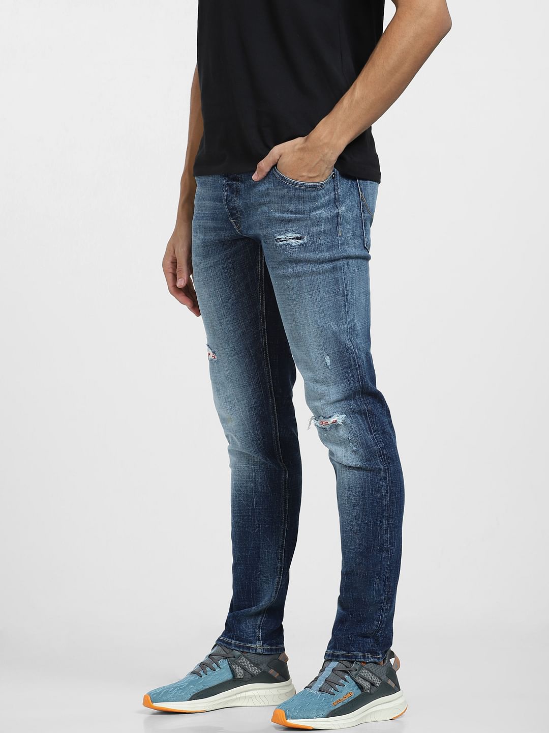 Blue Low Rise Distressed Glenn Slim Fit Jeans