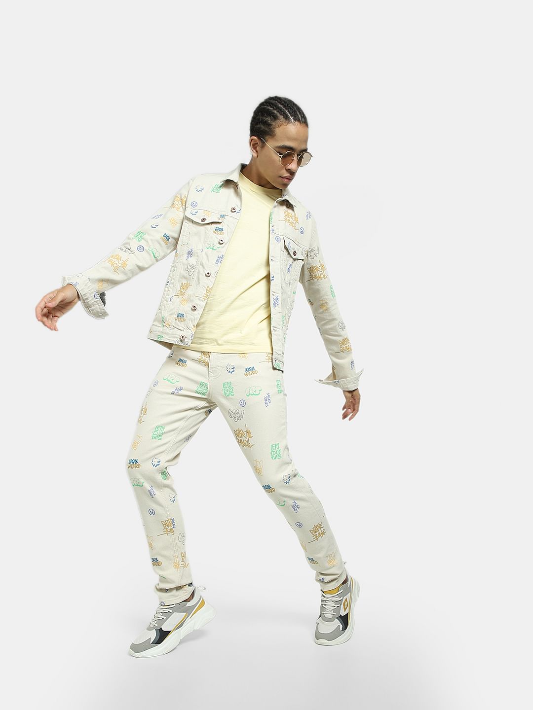 Beige Mid Rise Printed Erik Anti Fit Jeans