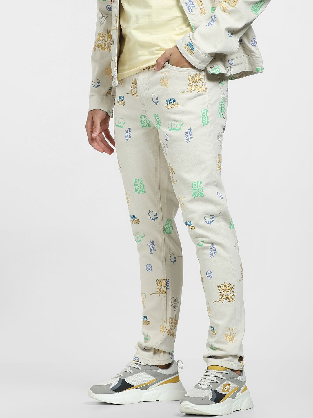 Beige Mid Rise Printed Erik Anti Fit Jeans