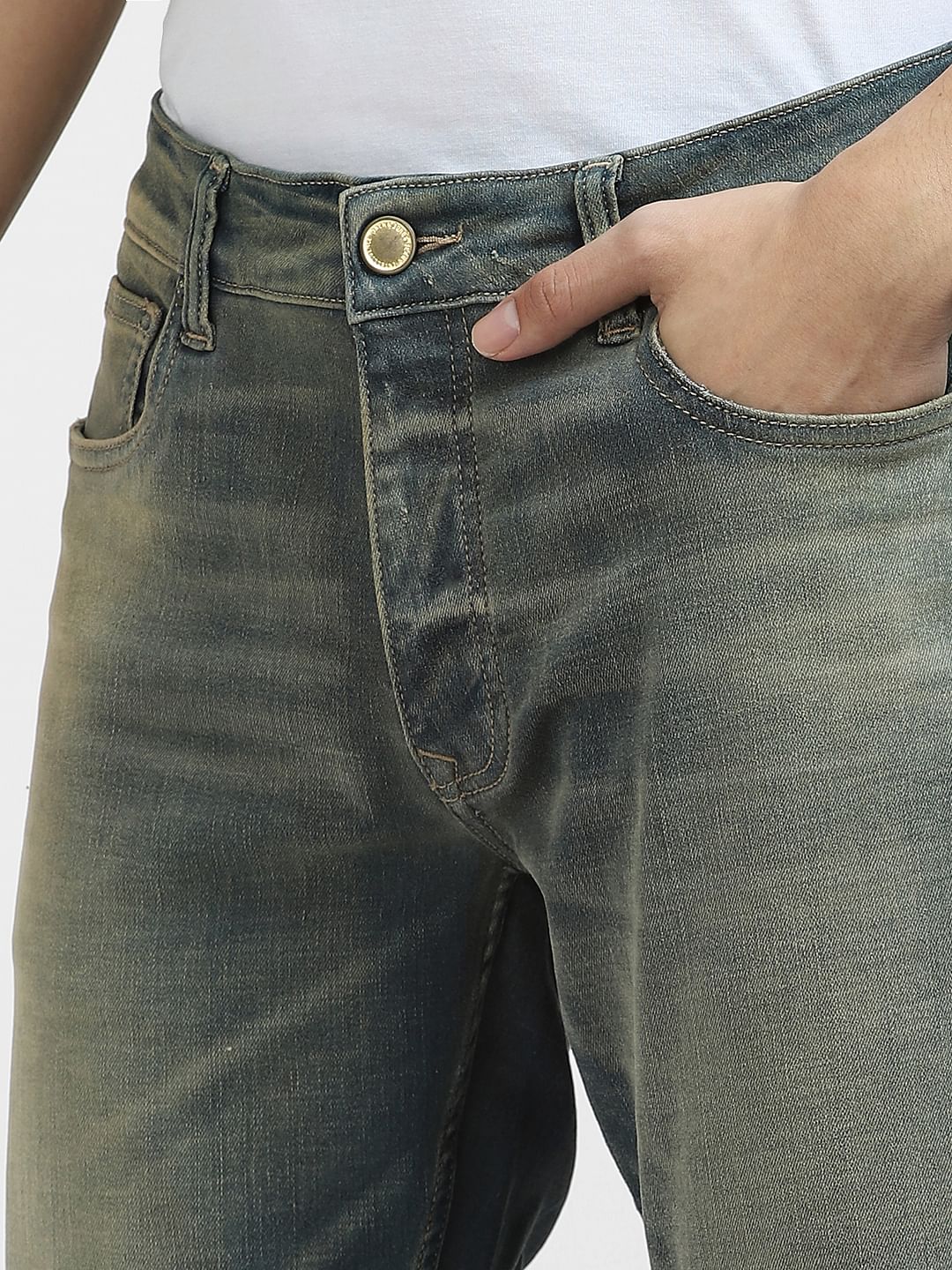 Blue Low Rise Heavily Washed Slim Fit Jeans